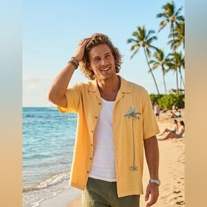 Paradise Collection XXL yellow embroidered Palm Tree‎ Hawaiian Shirt Modal Blend